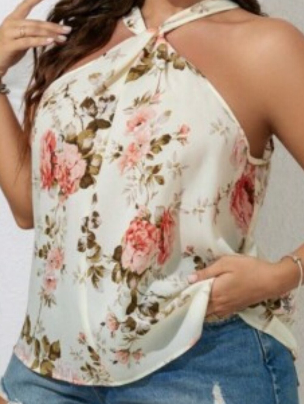 SHEIN Cream Floral Halter Cami with Pink Roses